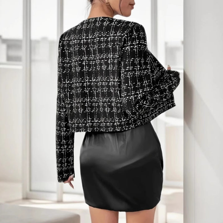 Damen elegante Übergangsjacke mit strukturiertem Muster und goldenen Knöpfen Drune