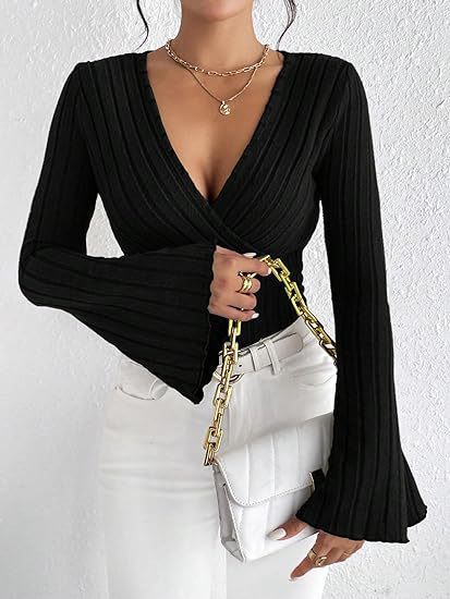 Damen Strickoberteil mit Wickeldesign und weitem Ärmel Drune