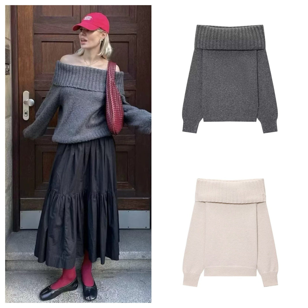 Damen Elegante Strickpullover mit überschnittenen Schultern Drune