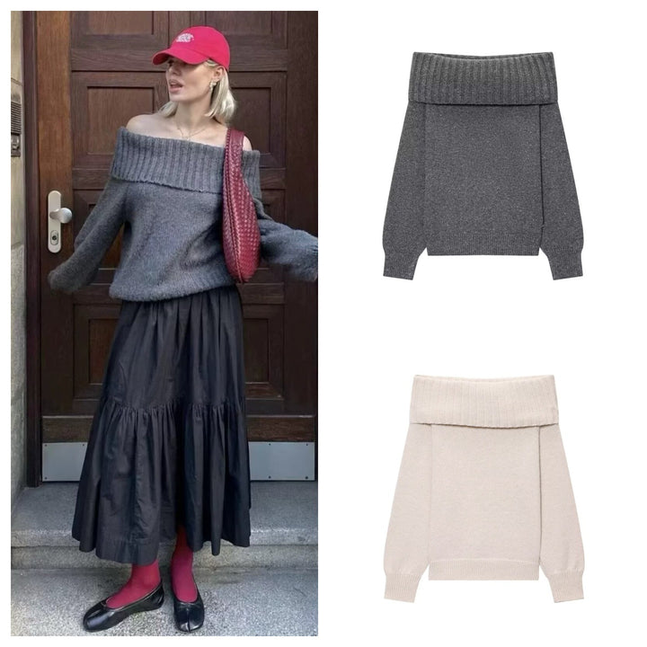 Damen Elegante Strickpullover mit überschnittenen Schultern Drune
