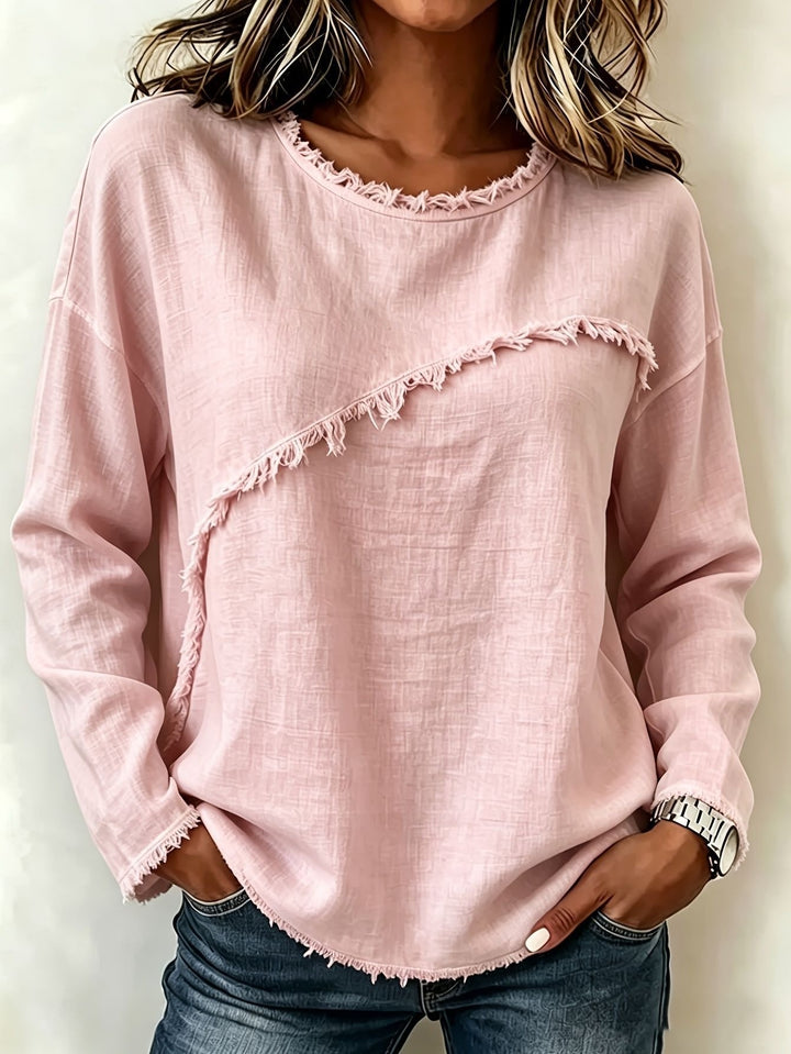 Damen Legeres Longsleeve mit diagonaler Fransenapplikation und ausgefranstem Rundhals Drune