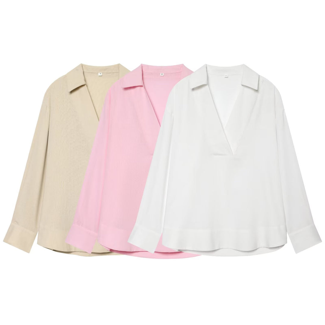 Damen Locker sitzende V‑Tunika‑Bluse mit Kentkragen und breiten Manschetten Drune