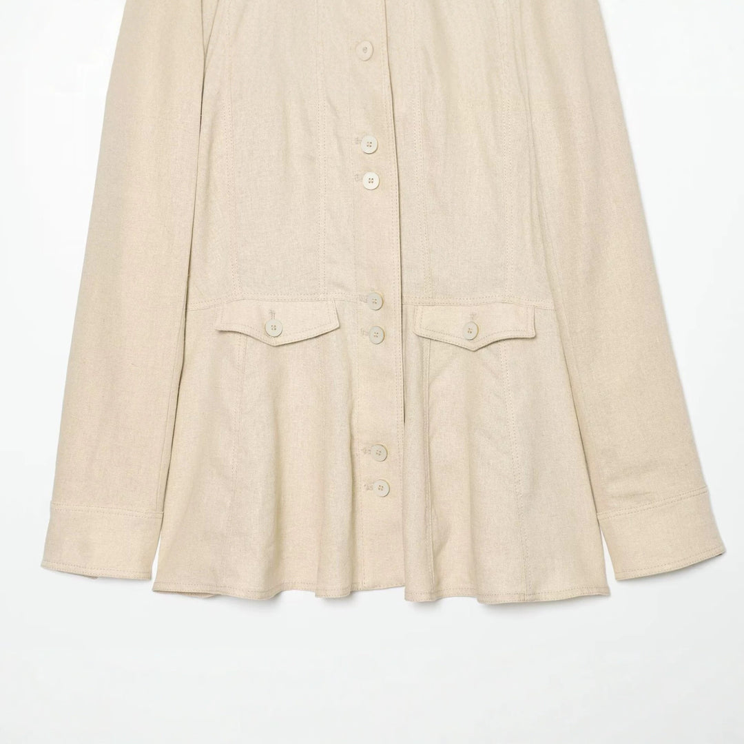 Damen Leichte Leinenoptik Hemdjacke mit Stehkragen, Knopfleiste und ausgestelltem Saum Drune