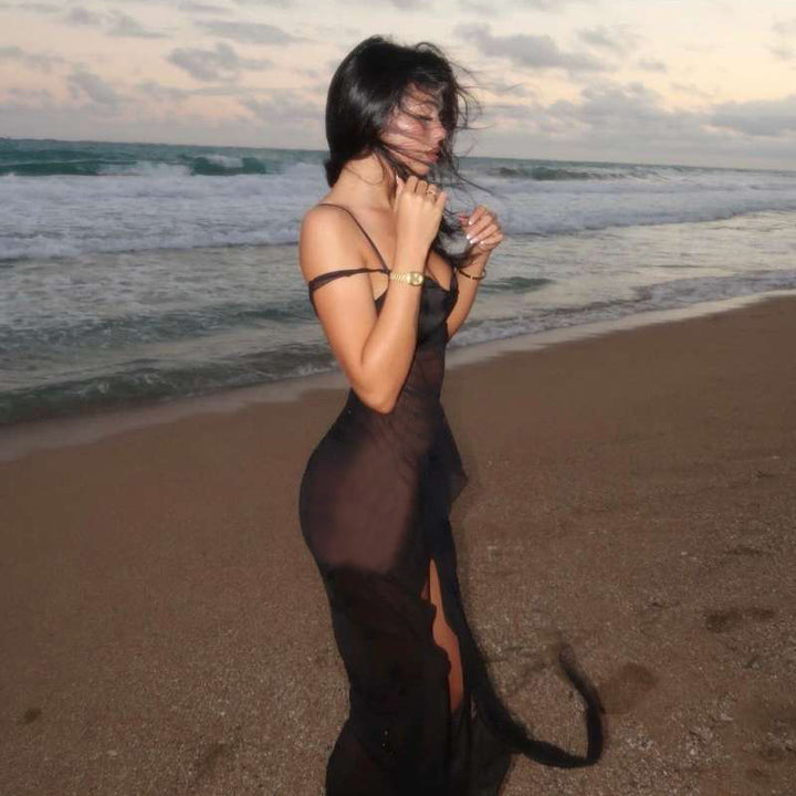 Damen Transparente Maxikleid mit asymmetrischen Fransen Drune