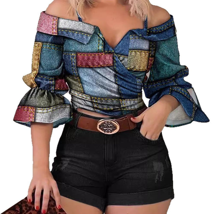 Damen Off-Shoulder Bluse mit buntem Streifenmuster und weiten Ärmeln Drune