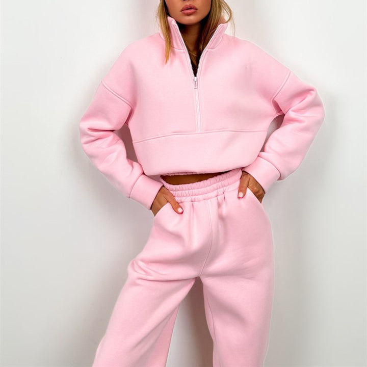 Damen nan cropped Half-Zip Fleece-Set zweiteilig mit hohem Bund und elastischen Bündchen Drune