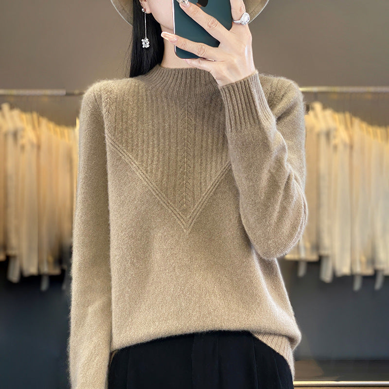 Damen Lockerer Mohair‑Blend Pullover mit strukturierter V‑Paneel und Stehkragen Drune