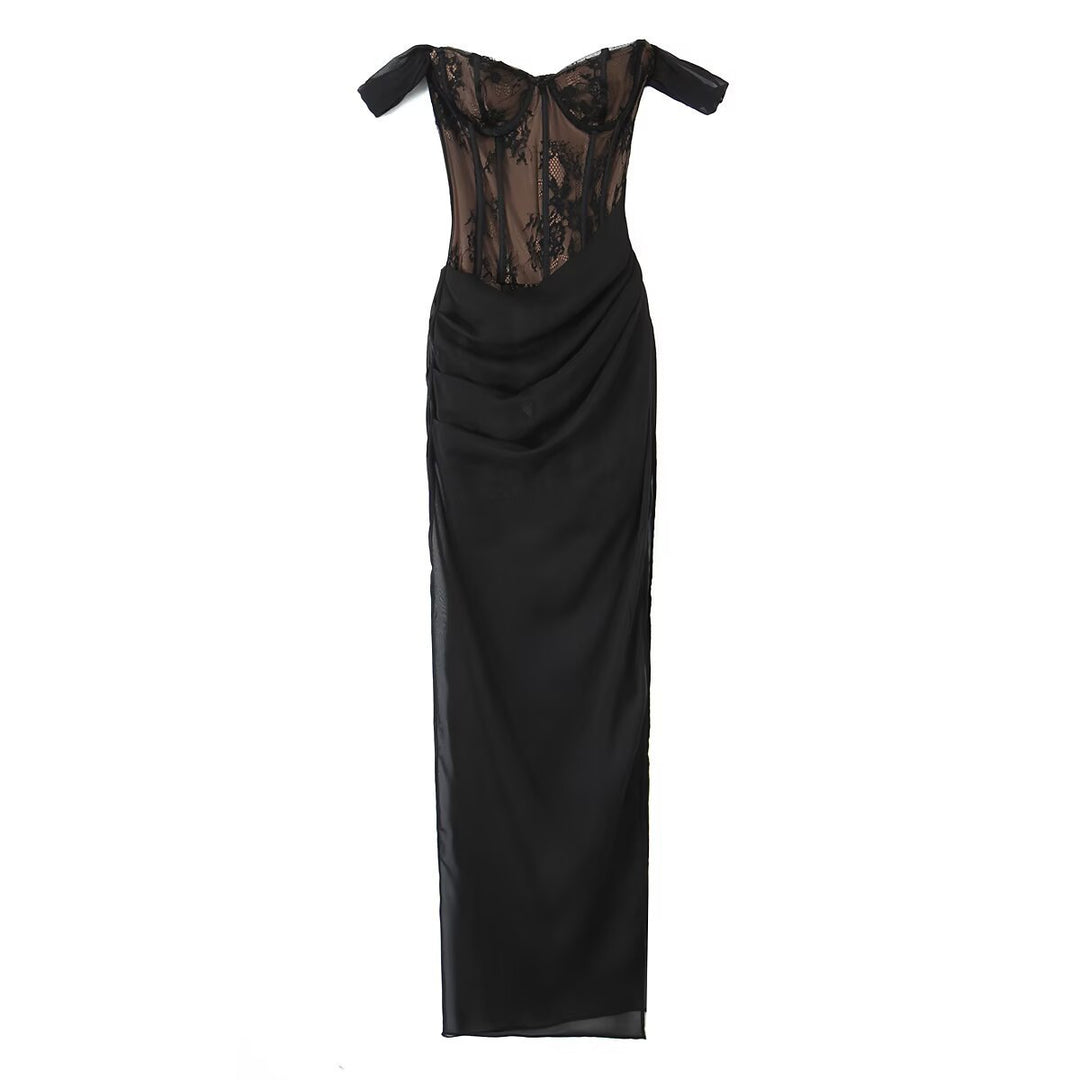 Damen aufwendiges Spitzenkleid mit eleganten Rüschendetails Drune