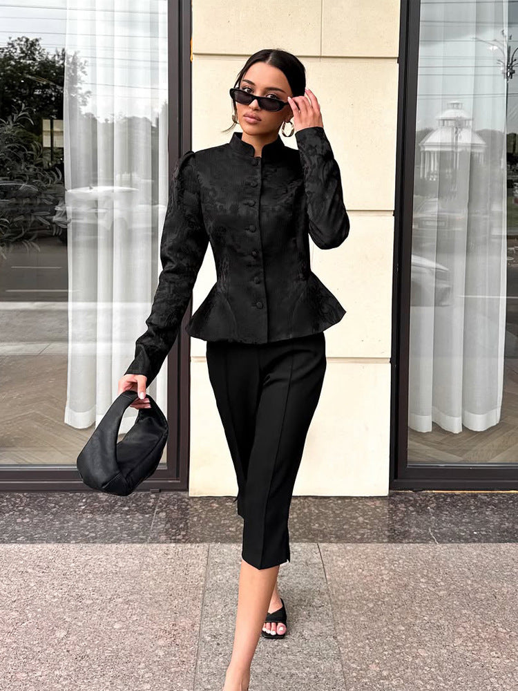 Damen Taillierter Jacquard-Blazer mit Stehkragen, Puffärmeln und Schößchen Drune