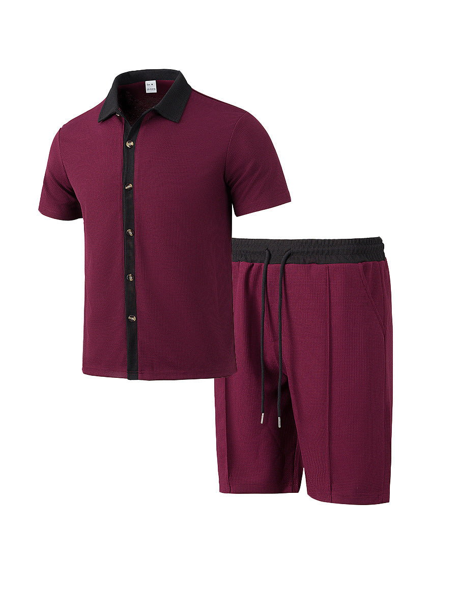 Herren nan modernes Freizeit-Set aus feinem Strukturjersey mit Hemdkragen-Knopfleiste und Kordel-Shorts Drune