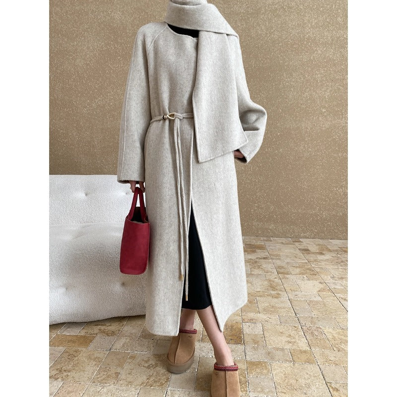 Damen eleganter Wickelmantel mit großzügigem Kragen und praktischem Gürtel Drune