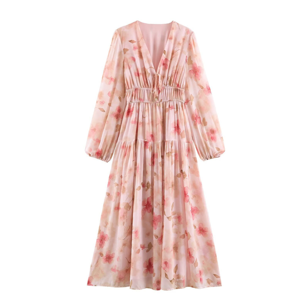Damen Luftiges Chiffon-Midikleid mit tiefem V-Ausschnitt, geraffter Smock-Taille und Volantstufen Drune