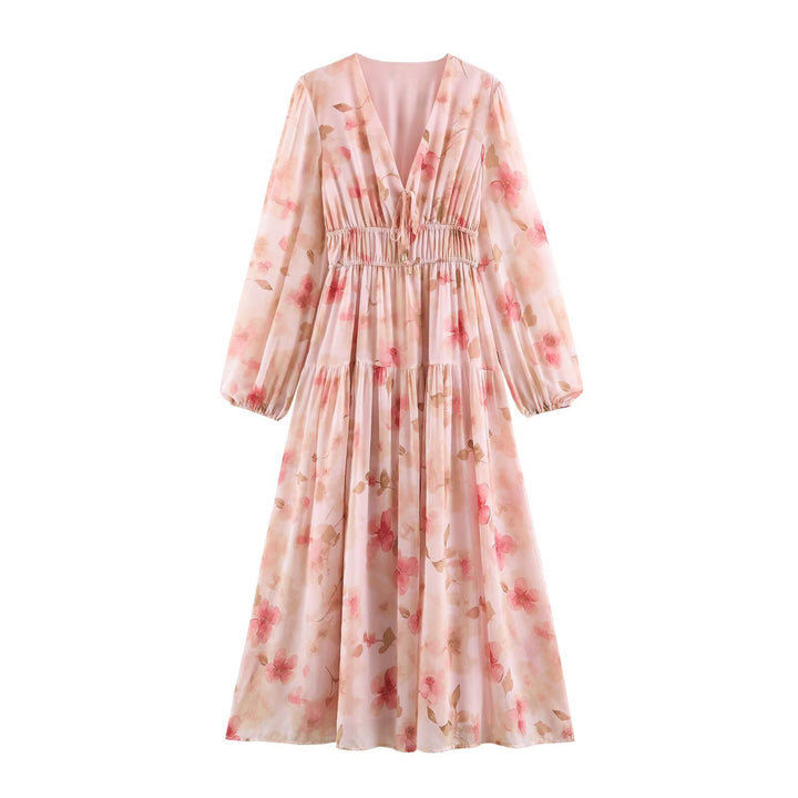 Damen Luftiges Chiffon-Midikleid mit tiefem V-Ausschnitt, geraffter Smock-Taille und Volantstufen Drune