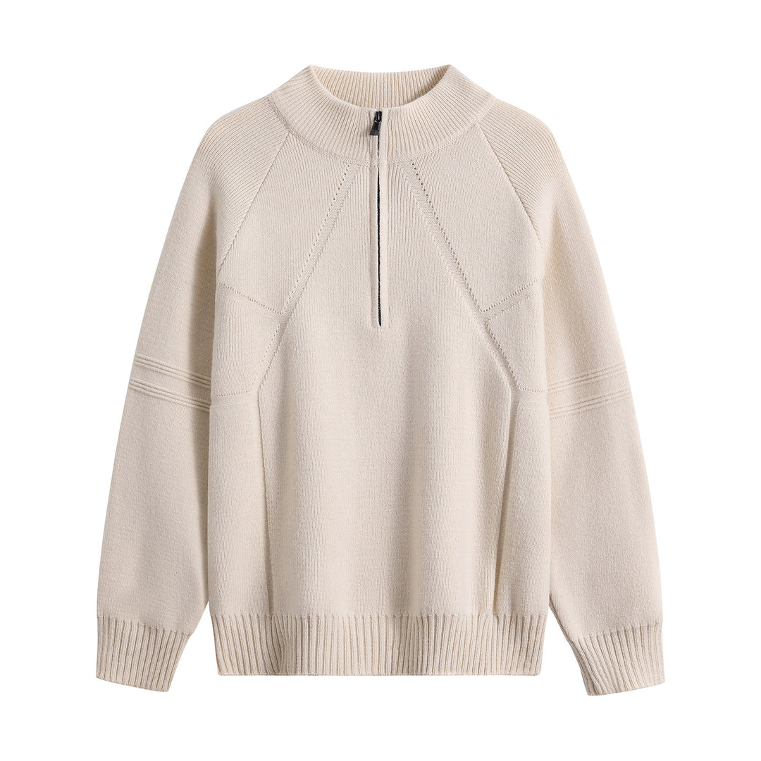 Unisex Oversize-Strickpullover mit Halbreißverschluss und geripptem Stehkragen Drune