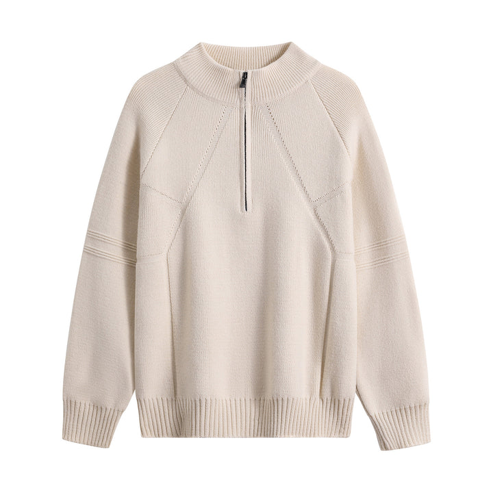 Unisex Oversize-Strickpullover mit Halbreißverschluss und geripptem Stehkragen Drune