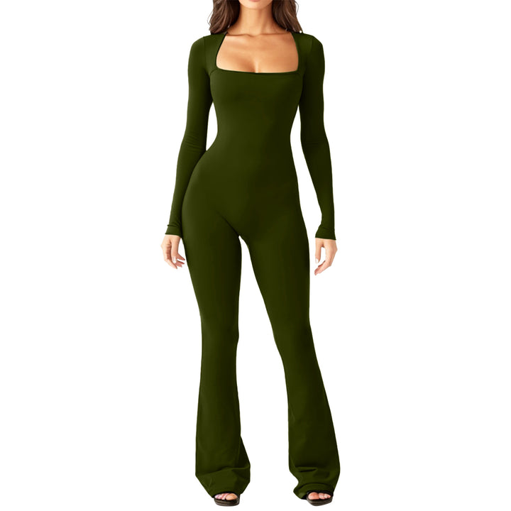 Damen figurbetontes Jumpsuit mit quadratischem Ausschnitt, langen Ärmeln und ausgestellt Bein Drune