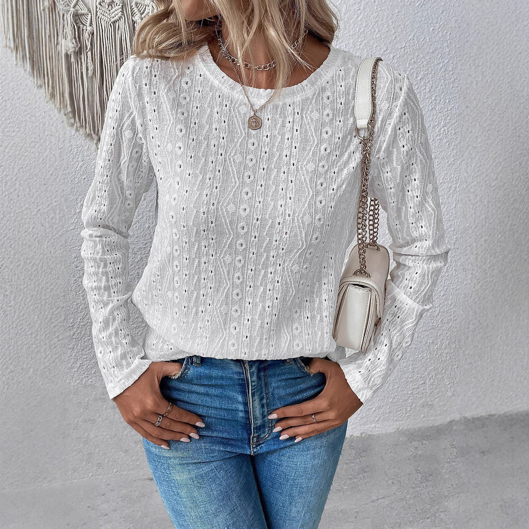Damen Spitzenbluse mit Lochstickerei, langer Arm und Rundhalsausschnitt Drune