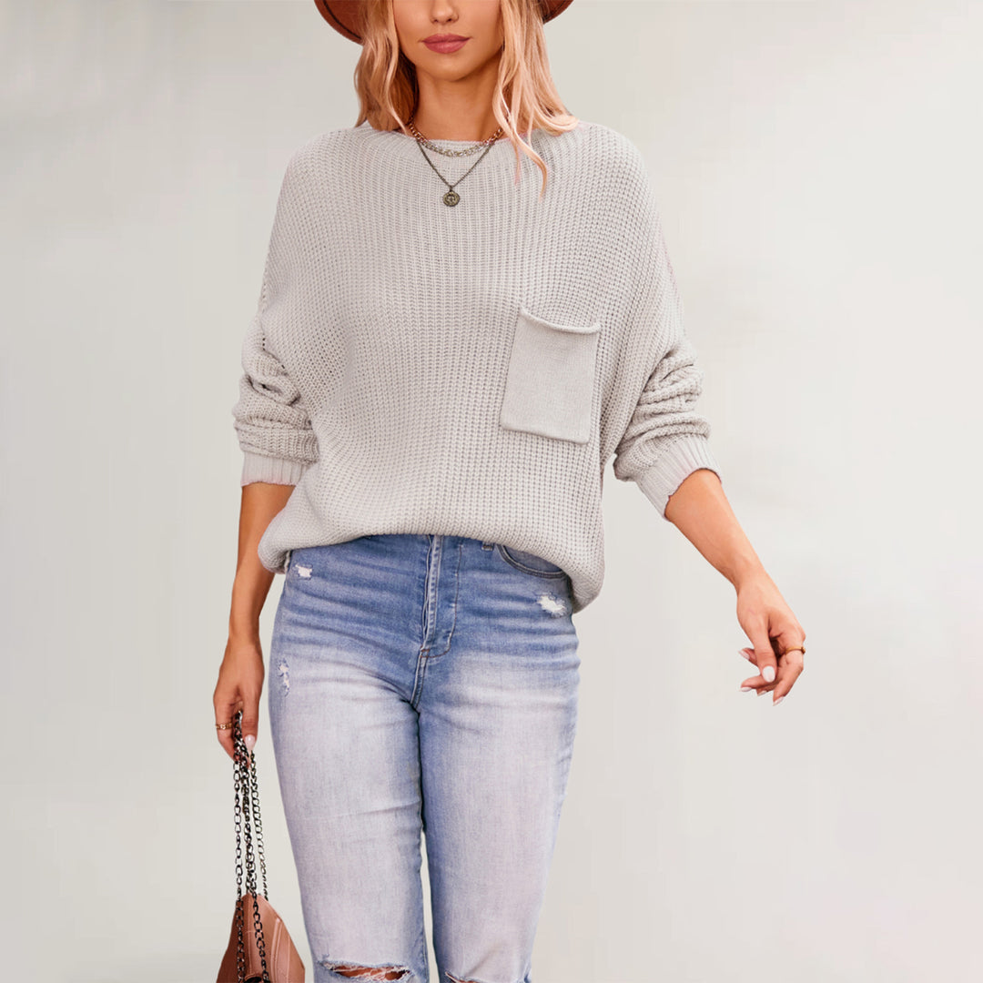Damen lässiger Strickpullover mit Brusttasche Drune