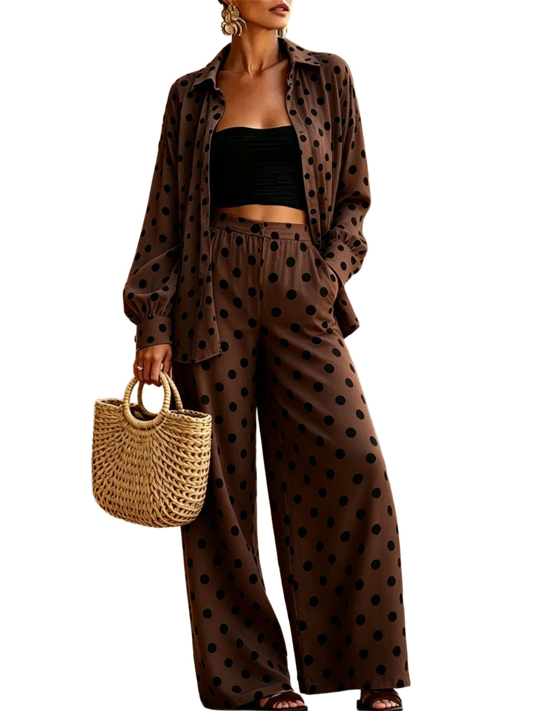 Damen Zweiteiliges Punkte-Loungewear-Set mit weitem Hemd und Palazzo-Hose Drune