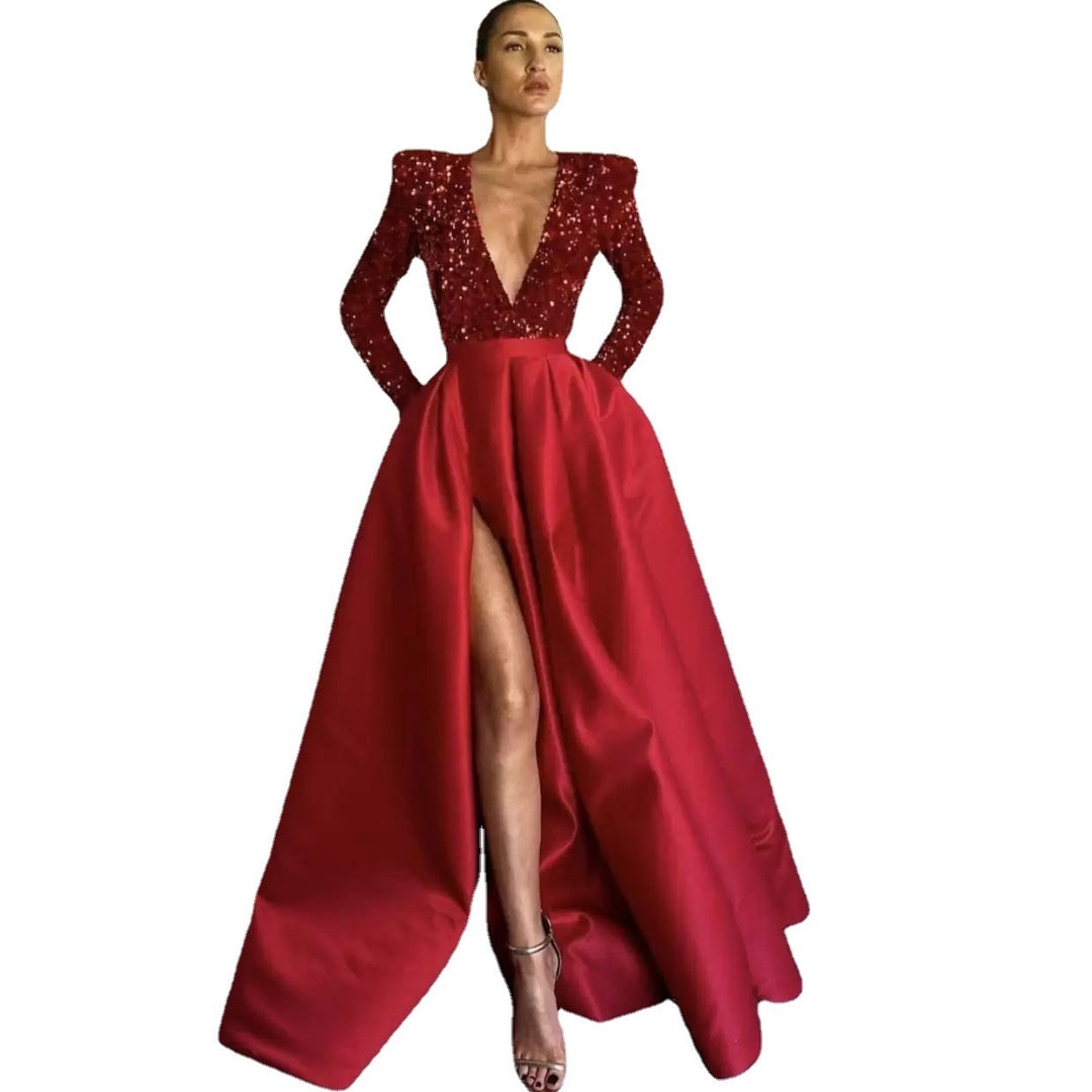 Damen Glamouröses Abendkleid mit tiefem V-Ausschnitt und hochgeschnittenem Rock Drune