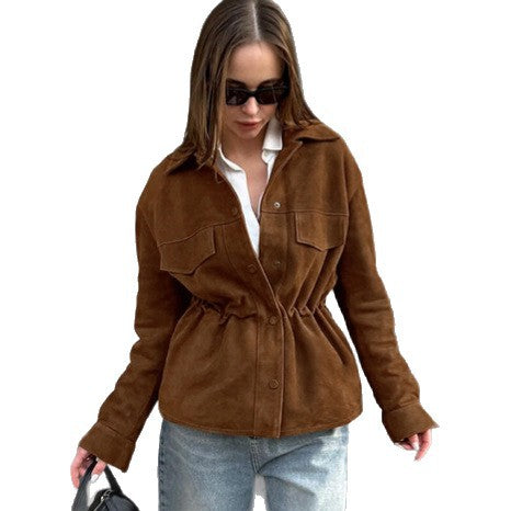 Damen Modische Suede-Jacke mit Taillierung und praktischen Pattentaschen Drune