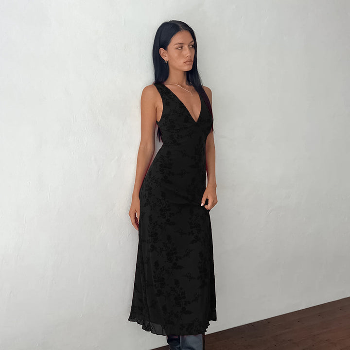 Damen Maxikleid mit tiefem V-Ausschnitt und floralem Spitzenmuster Drune