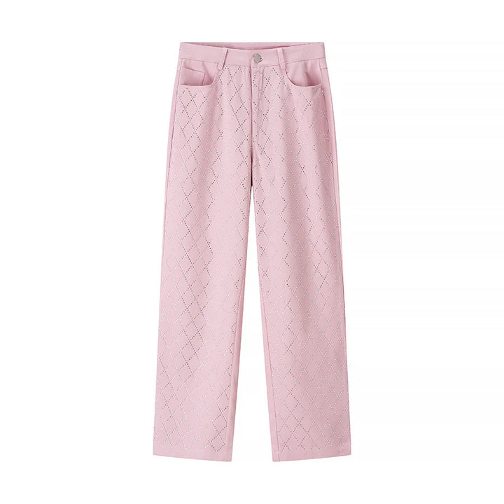 Damen nan hochtaillierte Straight‑Leg Hose mit Diamant‑Perforation und Eingrifftaschen Drune