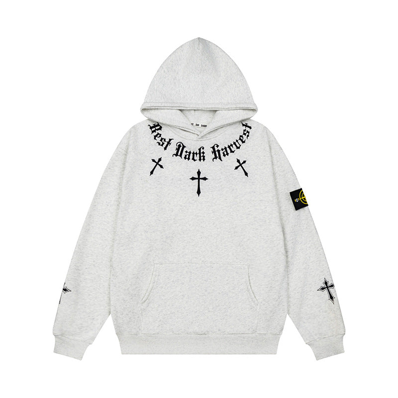 Unisex Oversize Kapuzenpullover mit Gothic-Kreuz-Print, Kängurutasche und Rippbündchen Drune