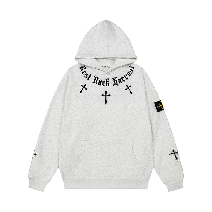 Unisex Oversize Kapuzenpullover mit Gothic-Kreuz-Print, Kängurutasche und Rippbündchen Drune