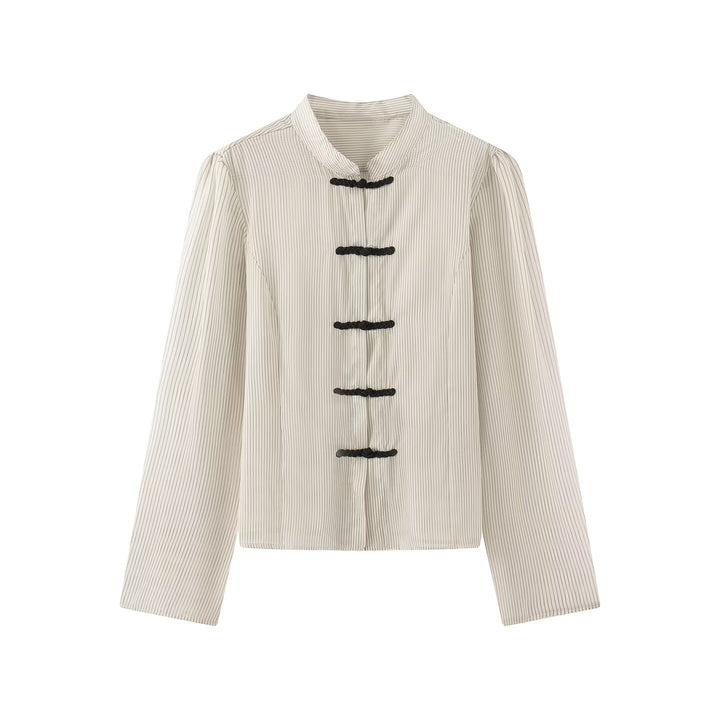 Damen Nadelstreifen-Mandarinjacke mit Knotenverschlüssen und geradem Schnitt Drune
