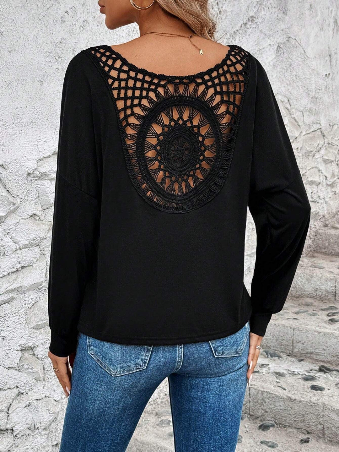 Damen Langarm T-Shirt mit dekorativem Häkelrücken Drune