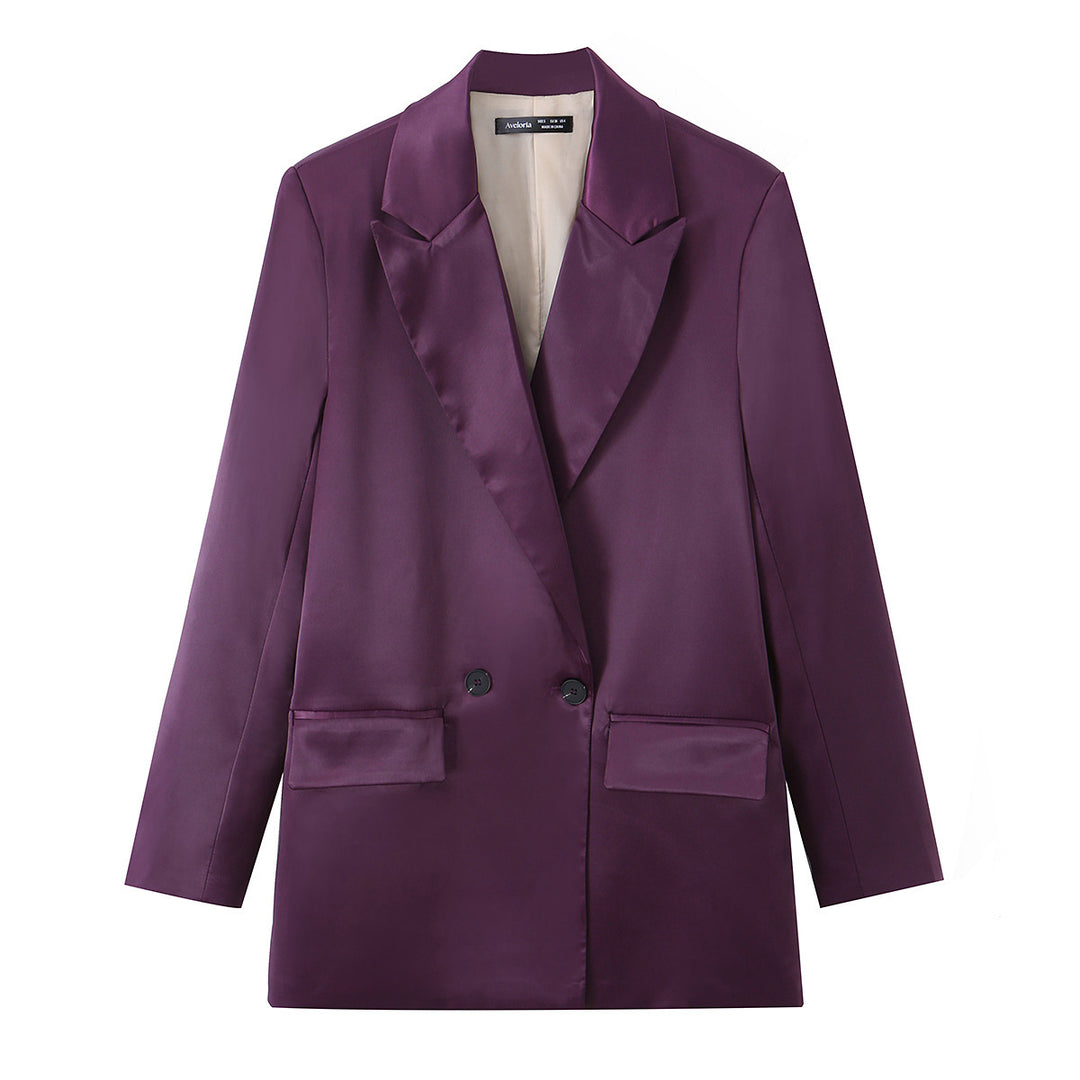 Damen Satin-Longblazer mit doppelreihiger Knopfleiste, Schalkragen und Pattentaschen Drune