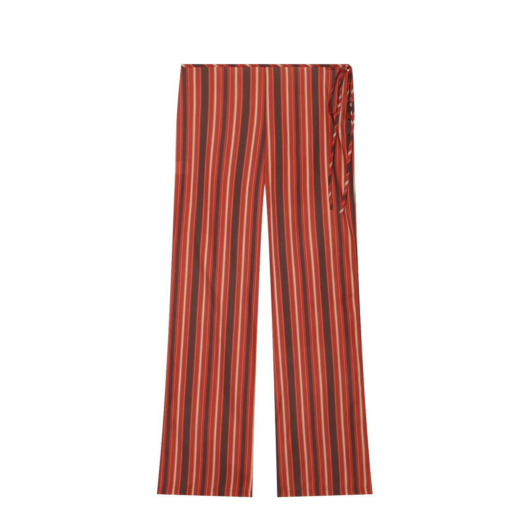 Damen Weite Highwaist-Hose mit vertikalen Streifen und seitlicher Bindeschlaufe Drune