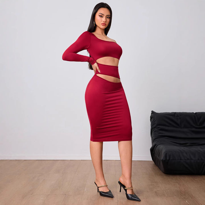 Damen figurbetontes Cut-Out-Midi-Kleid mit asymmetrischem Design und langen Ärmeln Drune