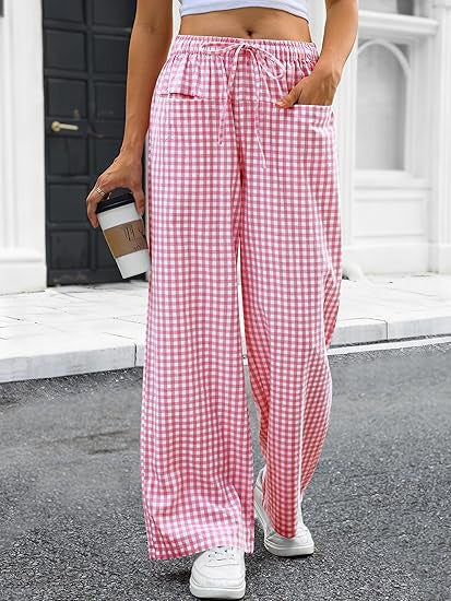 Damen Weit geschnittene Karohose mit elastischem Bund und praktischen Taschen Drune