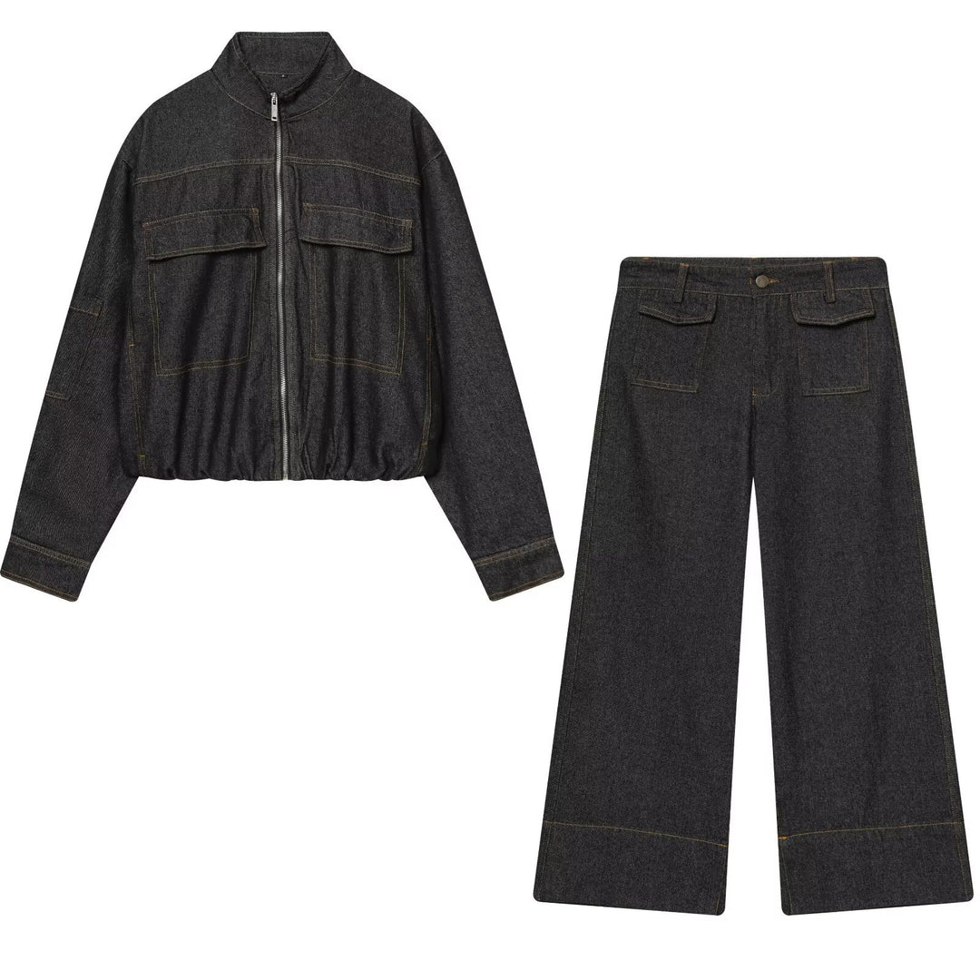 Damen Zweiteiliges Denim-Set mit Cropped-Zipjacke und weiter Highwaist-Jeans Drune