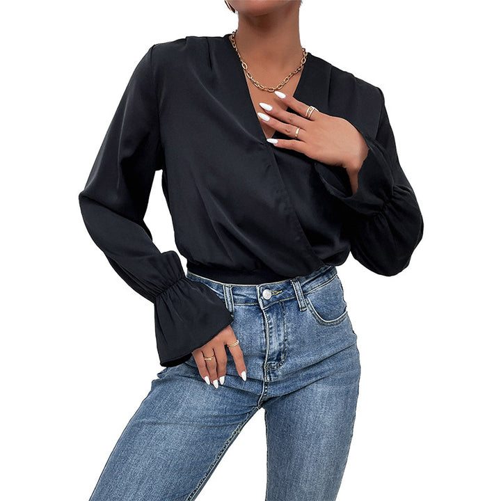 Damen Satin-Body mit Wickeloptik, V-Ausschnitt, elastischer Taillenpartie und Volantärmeln Drune
