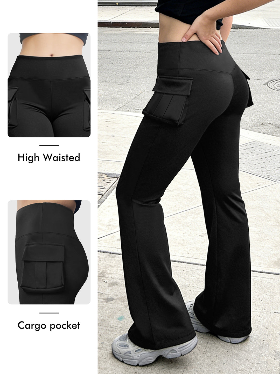Damen Cargo Flared Leggings mit hoher Taille und aufgesetzter Tasche Drune