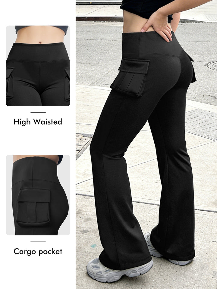 Damen Cargo Flared Leggings mit hoher Taille und aufgesetzter Tasche Drune