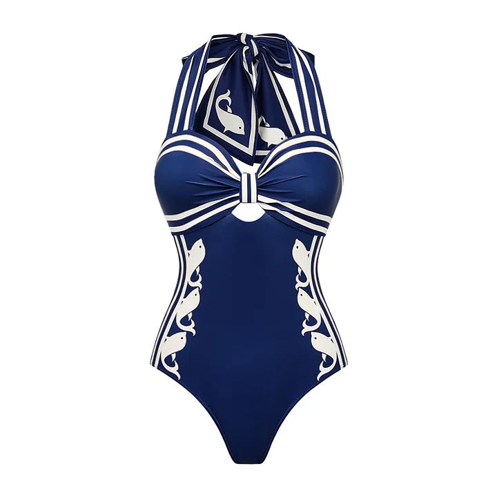 Damen Einteiler Badeanzug mit raffiniertem Cut-Out und dekorativen Schleifen Drune