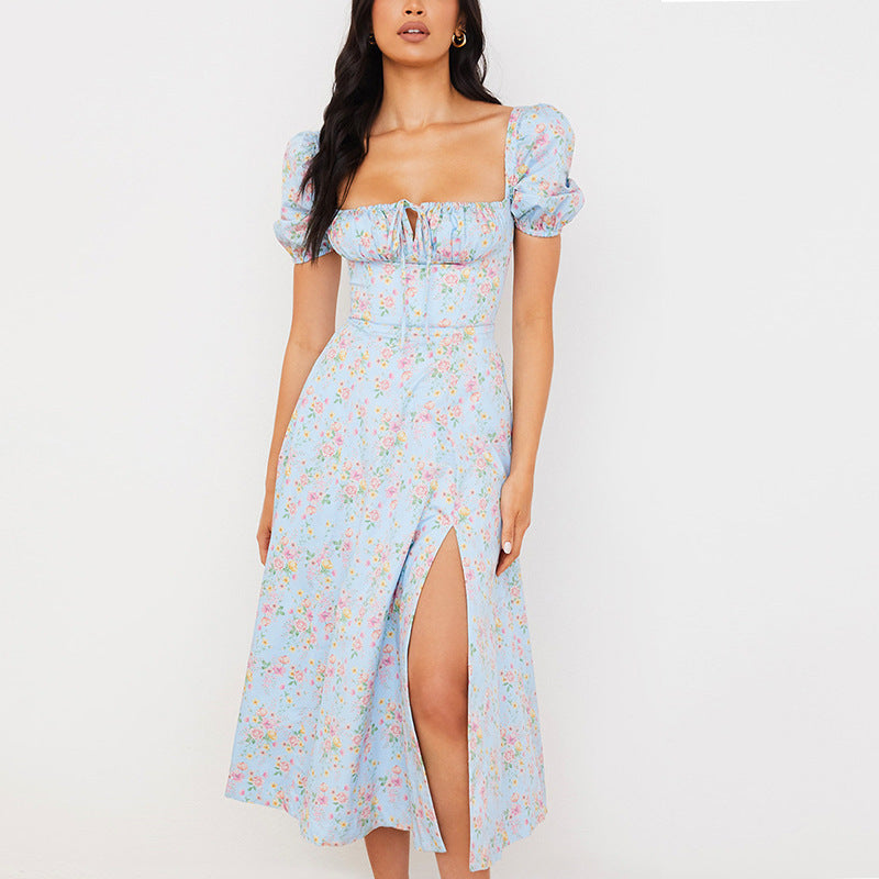 Damen Maxi-Kleid mit Puffärmeln und floralem Design Drune