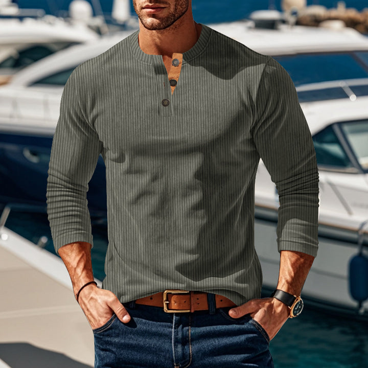 Herren nan geripptes Langarm-Henleyshirt mit Stehkragen und verdeckter Knopfleiste aus atmungsaktivem Jersey Drune