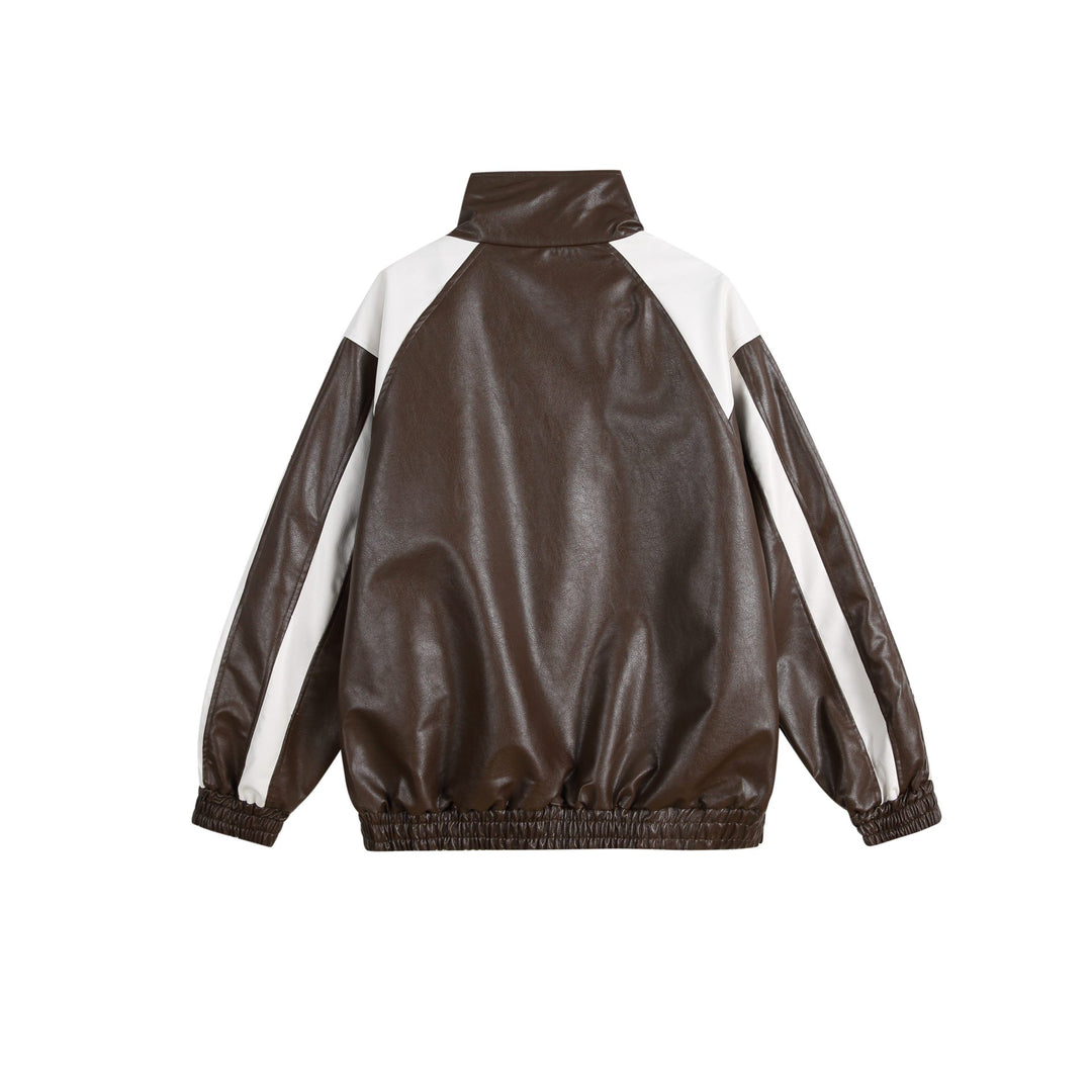 Damen Kunstleder-Trackjacke im Oversize-Cut mit hohem Stehkragen und Logopanel Drune