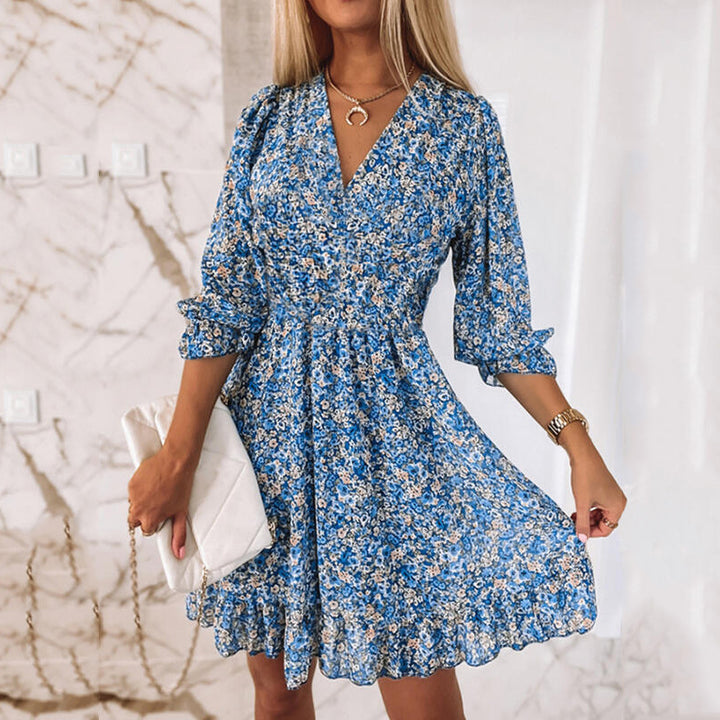 Damen Leichtes Blumen-Minikleid mit V-Ausschnitt, geraffter Taille und Volantbesatz Drune