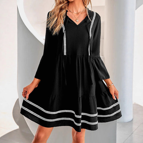 Damen lässiges Midikleid mit eleganten Rüschendetails und V-Ausschnitt Drune