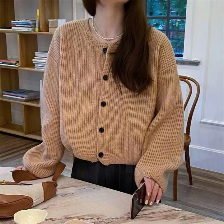 Damen lässige Strickjacke mit vorne offenen Knöpfen und ballonförmigen Ärmeln Drune