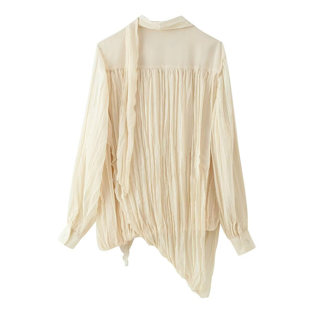 Damen Plissierte Chiffon‑Bluse mit Schleifenkragen und geraffter Saumlinie Drune