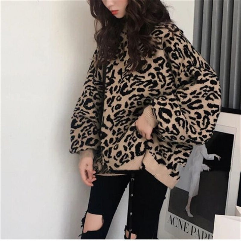 Damen Oversized Strickpullover mit Leopardenmuster und weichem Material Drune