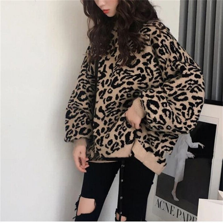 Damen Oversized Strickpullover mit Leopardenmuster und weichem Material Drune