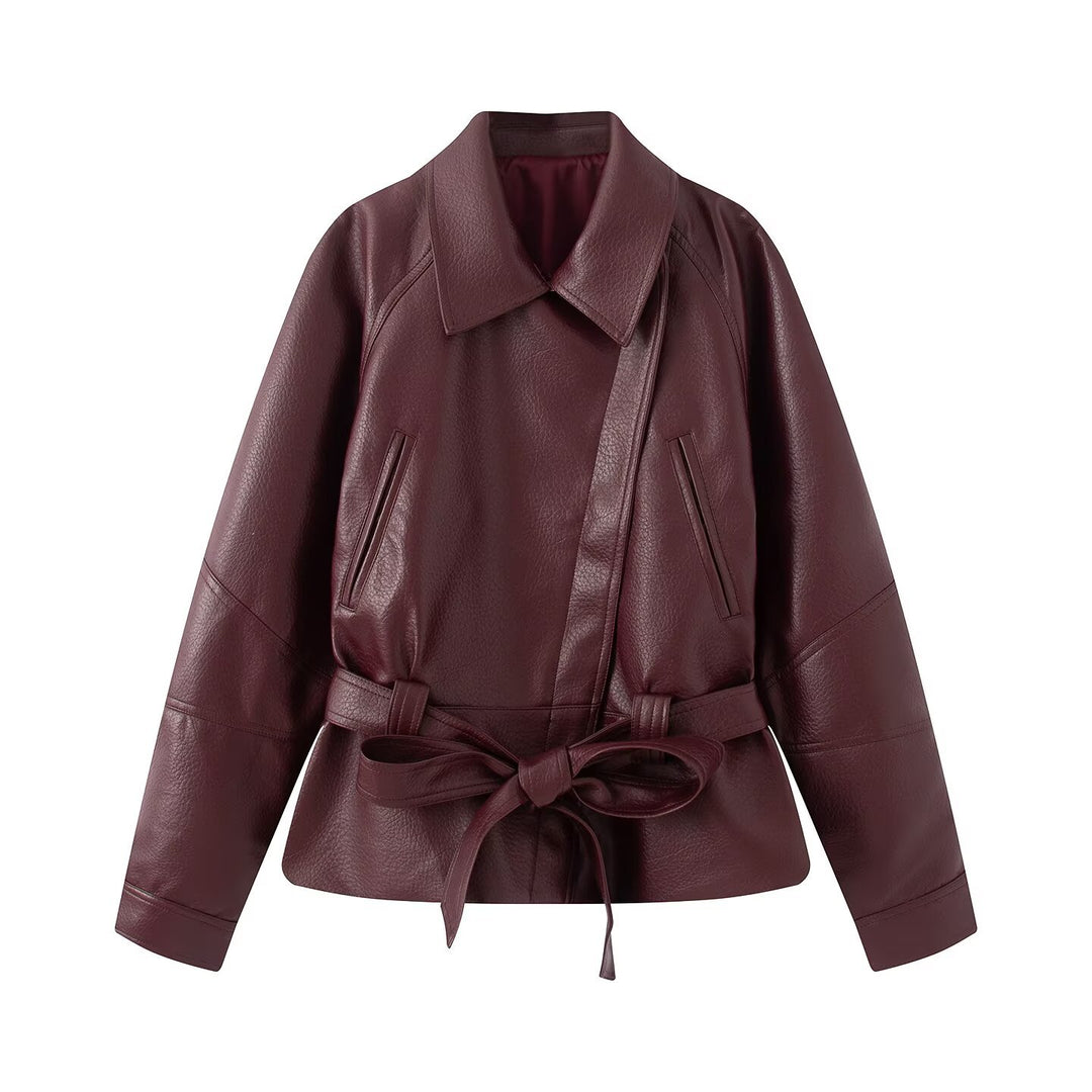 Damen taillierte Lederjacke mit Bindegürtel und überschnittener Schulter Drune